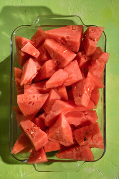 Close up of fresh slices of juicy watermelon from above.