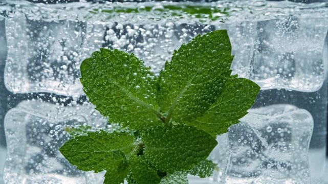 Fresh green mint leaves with ice cubes submerged in sparkling cold water, bubbles creating crisp, refreshing beverage full of natural freshness and cool liquid texture perfect for summer hydration