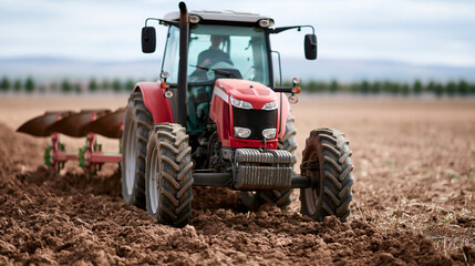 Obraz premium Red tractor plowing a vast open field, turning rich soil for agricultural cultivation and farming, preparing farmland for future crop growth, copy space