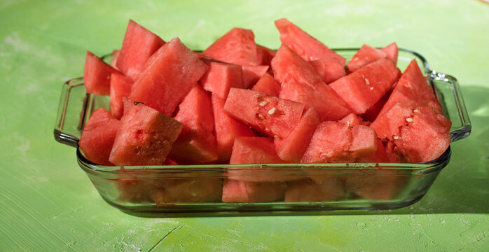 Close up of fresh slices of juicy watermelon from above.