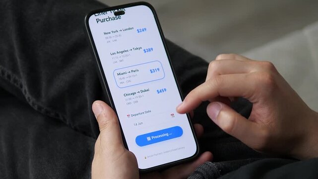Seamless mobile flight booking experience. User selects an international route, confirms the purchase, and receives instant eTicket approval. Perfect for travel apps, airlines, and vacation planning a