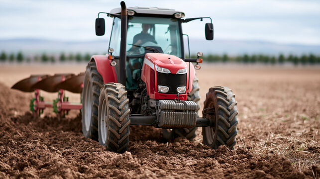 Red tractor plowing a vast open field, turning rich soil for agricultural cultivation and farming, preparing farmland for future crop growth, copy space