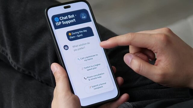 ISP support chatbot troubleshooting a wired connection issue. User selects a problem time, requests a technician, and receives a speed upgrade offer. Perfect for telecom ads and AI support demos.