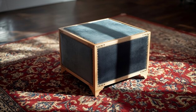 Luxury contemporary cube-shaped ottoman with velvet panels on an ornate oriental rug