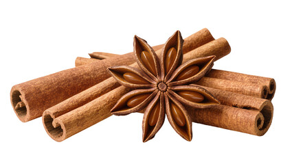 Fototapeta premium Isolated cinnamon sticks and fragrant star anise spice composition for cooking and baking