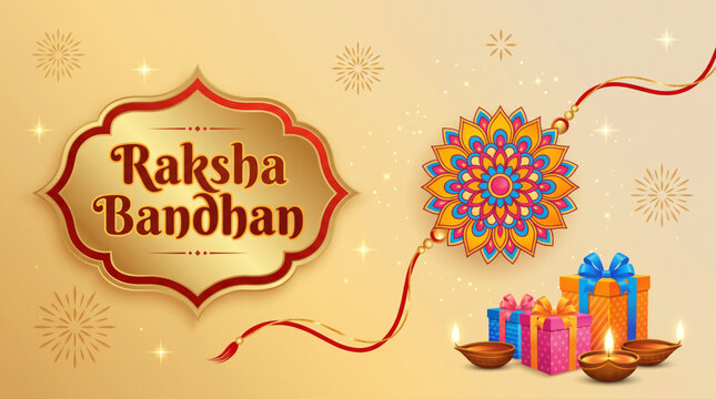 Traditional Raksha Bandhan Greeting Card with Decorative Rakhi Gifts and Diyas Banner Design