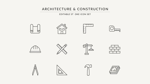 Minimalist architecture and construction editable icon set with twelve tools and building elements . Vector illustration.