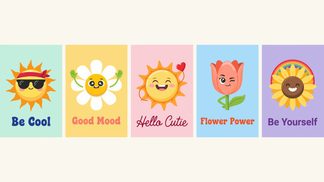 Colorful motivational sun and flower pixel art stickers with positive messages . Vector illustration.
