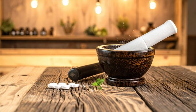 Mortar and Pestle Crushing Pills on Wooden Table