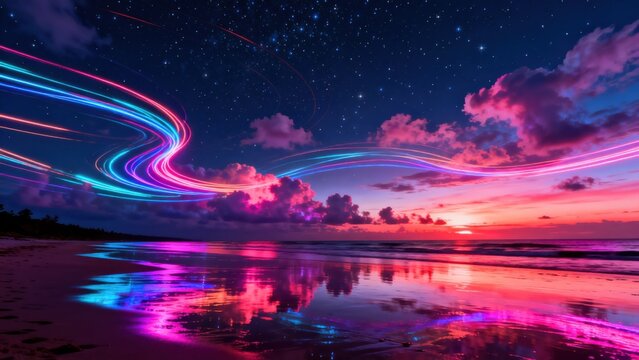 Beach at sunset with colorful light trails