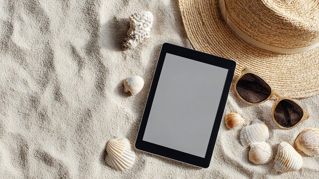 Modern digital tablet with a blank screen displayed on white beach sand alongside a straw hat and stylish sunglasses accessories