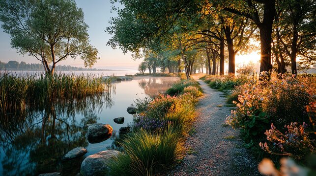 Serene lakeside path at sunrise with flowers.