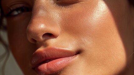 Naklejka premium Close up portrait of a young woman with glowing radiant skin illuminated by bright natural sunlight in high definition detail