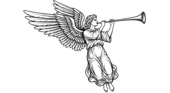 Winged angel playing a trumpet in classic engraving style
