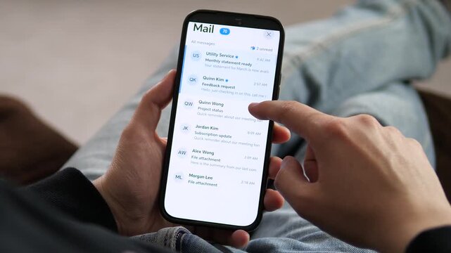 Scrolling through a mobile email inbox with unread messages and project status updates. Perfect for remote work B-roll, business communication software, and modern productivity lifestyle videos.