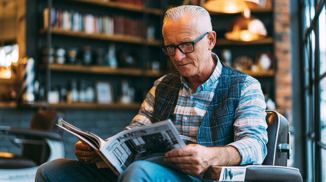 Senior man reading newspaper in a barbershop, relaxing during leisure time, enjoying a moment of solitude and comfort while staying informed