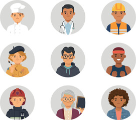Fototapeta premium PrintDiverse Profession Avatar Icon Set with Flat Character Portraits for Labor Day Designs, Career Guidance Material, and Business Team Websites