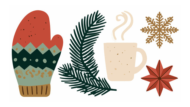 Holiday winter cozy scene with mittens pine branch steaming mug snowflake star decoration