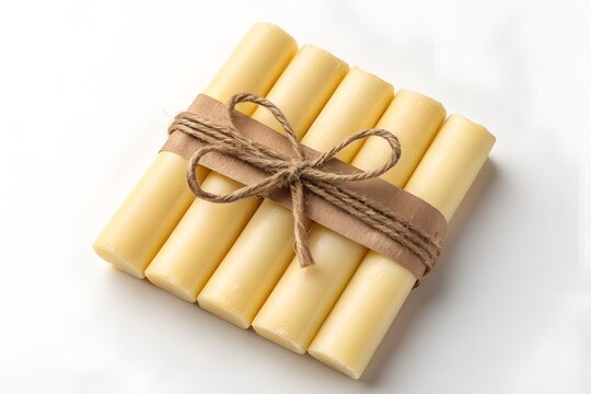 Five smooth yellow cheese sticks arranged neatly in a row and tied together tightly with a decorative brown paper band and rustic natural jute twine against a clean white background.