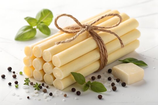 Delicious string cheese sticks bundled together with rustic twine and decorated with fresh green basil leaves and black peppercorns on a bright white wooden surface captured in high quality detail