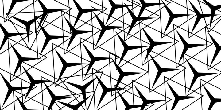 Abstract background featuring a seamless geometric pattern of overlapping black three-pointed star shapes and thin triangle outlines on a clean white backdrop, creating a modern and artistic design.