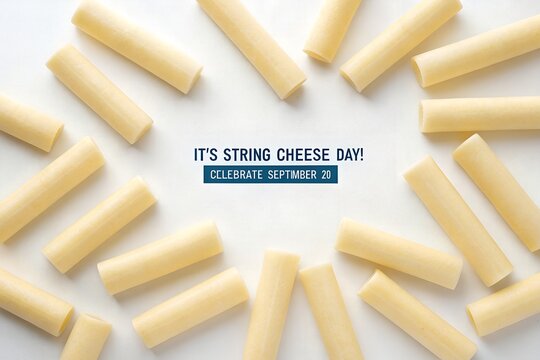 Fresh cylindrical sticks of delicious string cheese arranged in a circular pattern on a clean white background to celebrate a festive food holiday with bright natural lighting and high clarity.