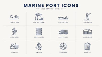 Naklejka premium Minimalist line art icons set of marine port equipment and symbols . Vector Flat Illustration.