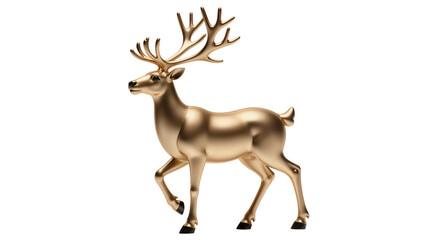 Obraz premium Isolated luxurious metallic golden reindeer sculpture with impressive antlers, walking pose