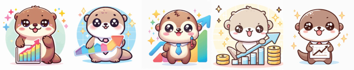 Vector of a cute cartoon otter character holding an upward graph © FirdianKrisna