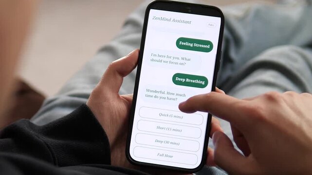 Interactive mobile wellness chatbot. User identifies feeling stressed and receives a personalized AI-guided session. Ideal for mental health apps, therapy tech, and emotional wellness marketing.