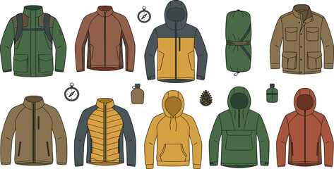 Outdoor Camping Apparel Collection Featuring Hiking Jackets, Hoodies, Fleece, Field Coat, Sleeping Bag, and Adventure Gear Flat Vector Set © MdNazmul