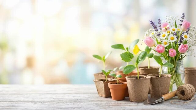 Assortment of potted seedlings and fresh spring flowers on rustic wooden table. Tulips, daisies and lavender in vase with gardening trowel and twine. Home plant care, growth and floral arrangement