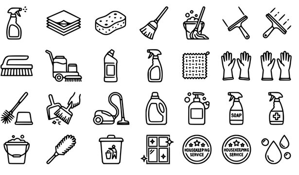 Cleaning Service Linear Icons Vector Set with Housekeeping Products Bathroom Kitchen and Floor Cleaning Tools