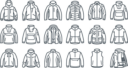 Outdoor Jacket Outline Icon Collection Featuring Hooded Coats, Hiking Jackets, Safety Workwear, Vests, Pullovers, and Winter Outerwear Line Vector Set © MdNazmul