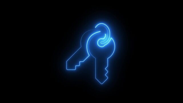 Futuristic neon glowing key symbol placed over a digital card on a black background. Perfect concept for data protection, password access. motion graphic of perfect lock concept. 4k video