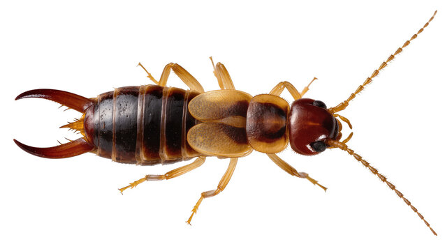 Isolated common earwig insect with distinctive pincers, captured in a detailed macro shot