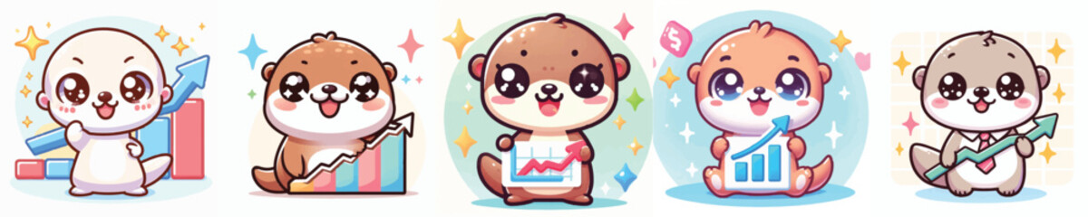 Vector of a cute cartoon otter character holding an upward graph © FirdianKrisna