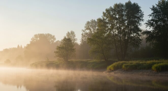 Misty river scene with trees on the bank, soft light