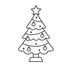 Fototapeta premium Modern Christmas tree with decorative ornaments and star line icon featuring festive holiday decoration, winter celebration and seasonal greeting concept isolated on white background.