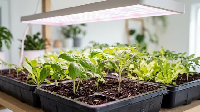 Indoor seedlings growing under LED grow lights on wooden shelf. Young plants in black trays for home gardening. Sustainable urban farming and indoor cultivation concept