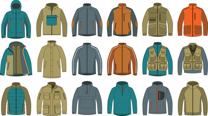 Outdoor Jackets and Utility Outerwear Collection Featuring Hooded Coats, Fleece, Parkas, Vests, and Hiking Apparel Flat Vector Set © MdNazmul