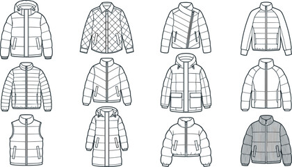 Puffer Jacket Outline Collection Featuring Quilted Coats, Hooded Parkas, Insulated Vests, Cropped Puffers, and Winter Outerwear Line Vector Set © MdNazmul