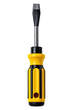 Vertical slotted screwdriver with yellow handle, steel blade, and dark flat tip for DIY work isolated on transparent background
