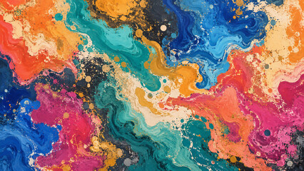 Fototapeta premium Colorful abstract fluid art background with teal, blue, orange, pink, and gold textures, flowing organic pattern for branding, packaging, posters, web banners, wallpapers, and modern design projects.