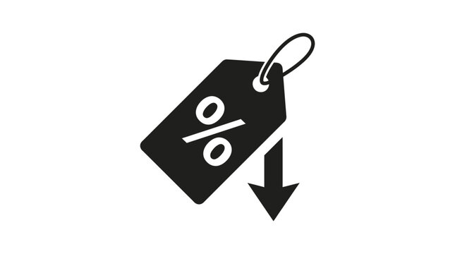 A black and white icon showing a percentage sign on a price tag with a downward-pointing arrow for sales