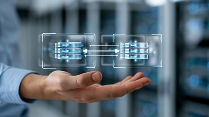 Fototapeta premium Data migration concept with faceless hand holding transparent screen displaying process of transferring data between two servers in modern data center, cloud migration concept,