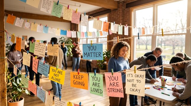 Diverse group of young people participating in a mental health awareness event, hanging positive affirmation notes in a brightly lit community space.