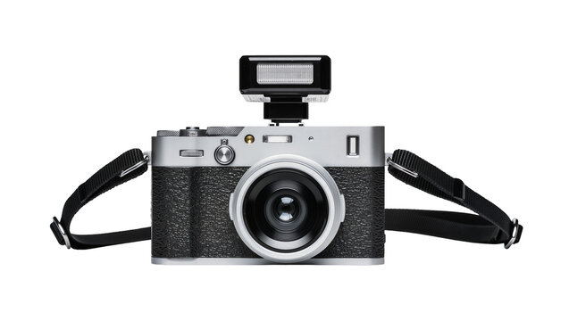 Isolated retro-inspired compact camera with attached external flash and textile neck strap