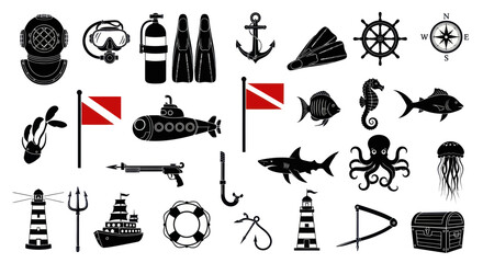 Marine adventure icons set with diving gear and underwater creatures © reres