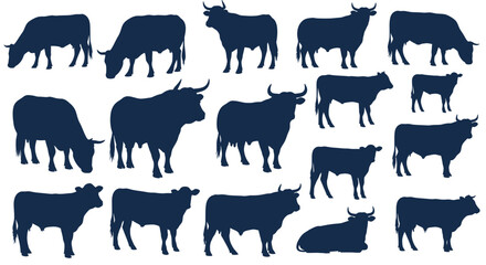 Collection of cattle cow and bull silhouettes in various poses © reres